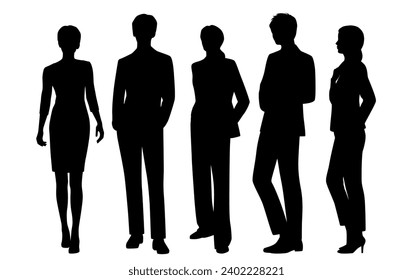 Vector silhouettes of  men and a women, a group of standing   business people, profile, black  color isolated on white background