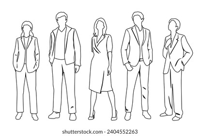 Vector silhouettes of  men and a women, a group of standing  business people,  linear sketch, black and white color isolated on white background