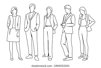 Vector silhouettes of  men and a women, a group of standing  business people,  linear sketch, black and white color isolated on white background