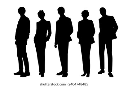 Vector silhouettes of  men and a women, a group of standing   business people, profile, black  color isolated on white background
