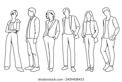 Vector silhouettes of  men and a women, a group of standing  business people,  linear sketch, black and white color isolated on white background