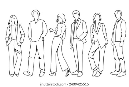 Vector silhouettes of  men and a women, a group of standing  business people,  linear sketch, black and white color isolated on white background