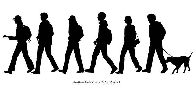 Vector silhouettes of  men and a women, a group of walking   business people, profile, man with a dog, black color isolated on white background