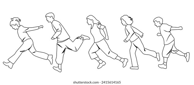 Vector silhouettes of men and women, group of running business people, teenagers, profile, linear sketch, black color isolated on white background