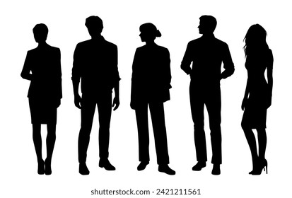 Vector silhouettes of  men and a women, a group of standing   business people, profile, black  color isolated on white background