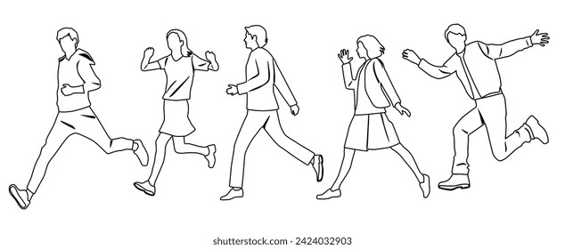 Vector silhouettes of men and women, group of running business people, teenagers, profile, linear sketch, black color isolated on white background