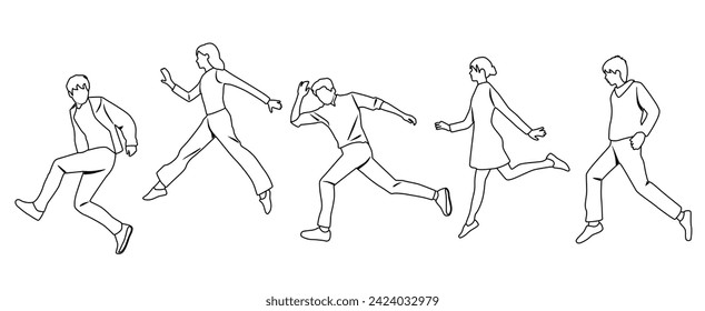 Vector silhouettes of men and women, group of running business people, teenagers, profile, linear sketch, black color isolated on white background