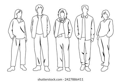 Vector silhouettes of  men and a women, a group of standing  business people,  linear sketch, black and white color isolated on white background