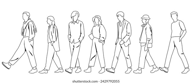 Vector silhouettes of men and women, group of walking business people, teenagers, profile, linear sketch, black color isolated on white background