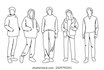 Vector silhouettes of  men and a women, a group of standing  business people,  linear sketch, black and white color isolated on white background