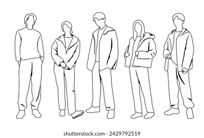 Vector silhouettes of  men and a women, a group of standing  business people,  linear sketch, black and white color isolated on white background