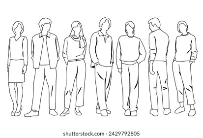 Vector silhouettes of  men and a women, a group of standing  business people,  linear sketch, black and white color isolated on white background