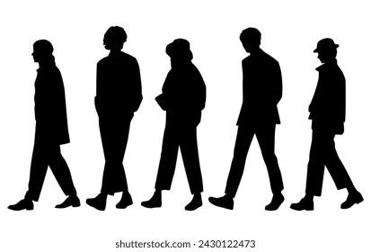 Vector silhouettes of men and a women, a group of walking business people, profile, black  color isolated on white background