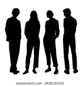 Vector silhouettes of  men and a women, a group of standing   business people, profile, black  color isolated on white background