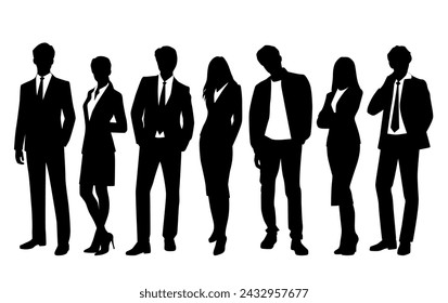 Vector silhouettes of  men and a women, a group of standing   business people, profile, black  color isolated on white background