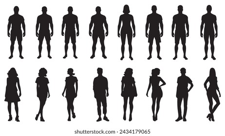 Vector silhouettes of men and a women, a group of standing and walking business people, black color isolated on white background