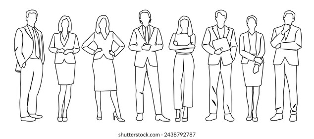 Siluetas vectoriales de hombres y mujeres, un grupo de hombres de negocios de pie, boceto lineal, color blanco y negro aislado sobre fondo blanco