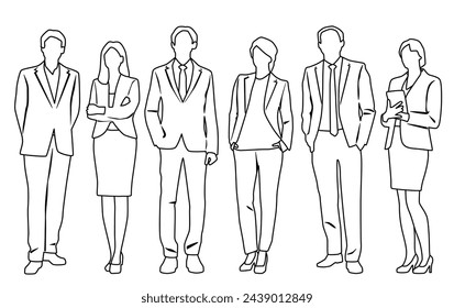 Vector silhouettes of  men and a women, a group of standing  business people,  linear sketch, black and white color isolated on white background
