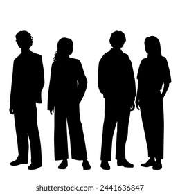 Vector silhouettes of  men and a women, a group of standing   business people, profile, black  color isolated on white background