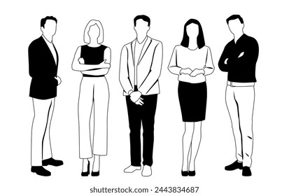 Vector silhouettes of  men and a women, a group of standing  business people,  linear sketch, black and white color isolated on white background