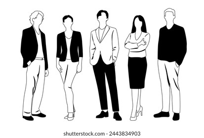 Vector silhouettes of  men and a women, a group of standing  business people,  linear sketch, black and white color isolated on white background