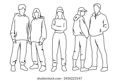 Vector silhouettes of  men and a women, a group of standing  business people,  linear sketch, black and white color isolated on white background