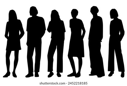 Vector silhouettes of  men and a women, a group of standing   business people, profile, black  color isolated on white background