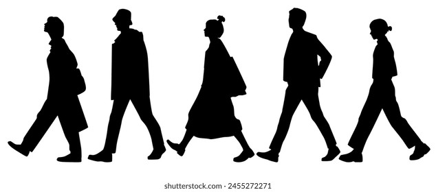 Vector silhouettes of  men and a women, a group of walking   business people, profile, black  color isolated on white background