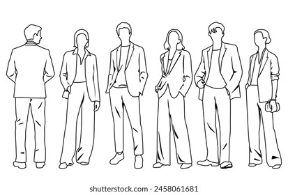 Vector silhouettes of  men and a women, a group of standing  business people,  linear sketch, black and white color isolated on white background