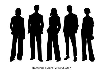 Vector silhouettes of  men and a women, a group of standing   business people, profile, black  color isolated on white background