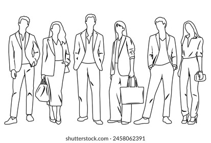 Vector silhouettes of  men and a women, a group of standing  business people,  linear sketch, black and white color isolated on white background