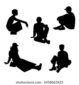 Vector silhouettes of  men and a women, a group of sitting   business people, profile, black  color isolated on white background