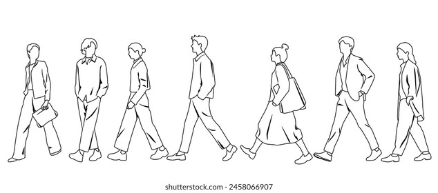 Vector silhouettes of men and women, group of walking business people, teenagers, profile, linear sketch, black color isolated on white background