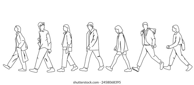 Vector silhouettes of men and women, group of walking business people, teenagers, profile, linear sketch, black color isolated on white background