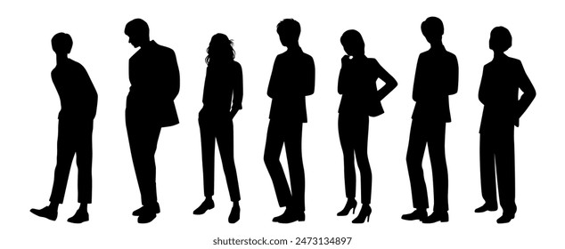 Siluetas de Vector de hombres y mujeres, un grupo de pie   gente de negocios, perfil, color negro aislado sobre fondo blanco