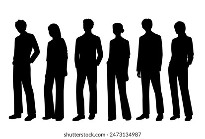 Vector silhouettes of  men and a women, a group of standing   business people, profile, black  color isolated on white background