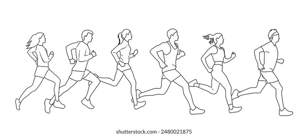 Vector silhouettes of men and women, group of running athletes, people profile, linear sketch, hand draw illustration, black color isolated on white background