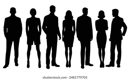 Vector silhouettes of men and a women, a group of standing and walking business people, black color isolated on white background