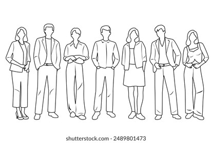 Vector silhouettes of  men and a women, a group of standing  business people,  linear sketch, black and white color isolated on white background