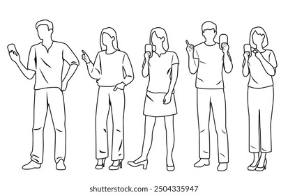 Vector silhouettes of men and women, group of standing business people, with smart phone, linear sketch, hand draw illustration  black and white colors, isolated on white