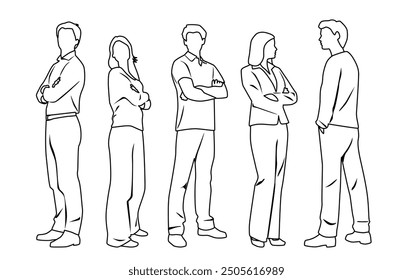 Vector silhouettes of  men and a women, a group of standing  business people,  linear sketch, black and white color isolated on white background