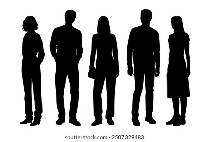 Vector silhouettes of  men and a women, a group of standing   business people, profile, black color isolated on white background