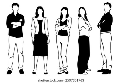 Vector silhouettes of  men and a women, a group of standing  business people,  linear sketch, black and white color isolated on white background