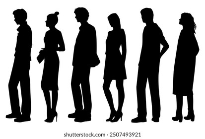 Vector silhouettes of  men and a women, a group of standing   business people, profile, black isolated on white background