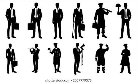 Vector silhouettes of men and a women, a group of standing business people, profile, black color isolated on white background