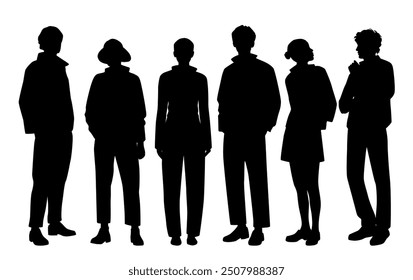 Vector silhouettes of  men and a women, a group of standing   business people, profile, black isolated on white background