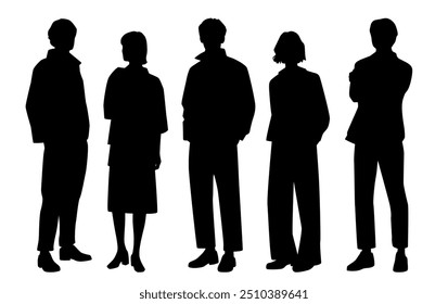 Vector silhouettes of  men and a women, a group of standing   business people, profile, black isolated on white background