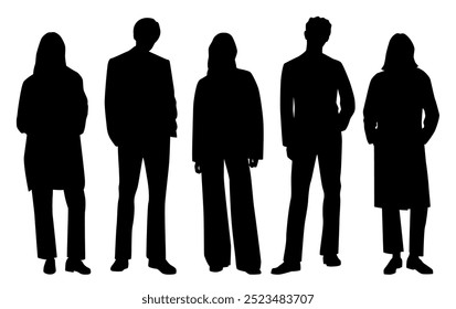 Vector silhouettes of  men and a women, a group of standing   business people, profile, black isolated on white background