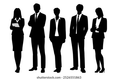 Vector silhouettes of  men and a women, a group of standing   business people, profile, black isolated on white background