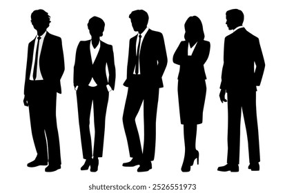 Vector silhouettes of  men and a women, a group of standing   business people, profile, black isolated on white background